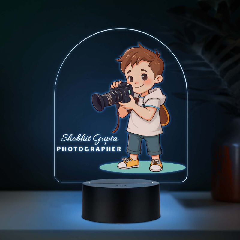 Personalized Photographer LED Night Light, Cartoon Boy with Camera Design, Color Changing Acrylic Lamp Gift for Photographer Boy Office & Home Decor Light